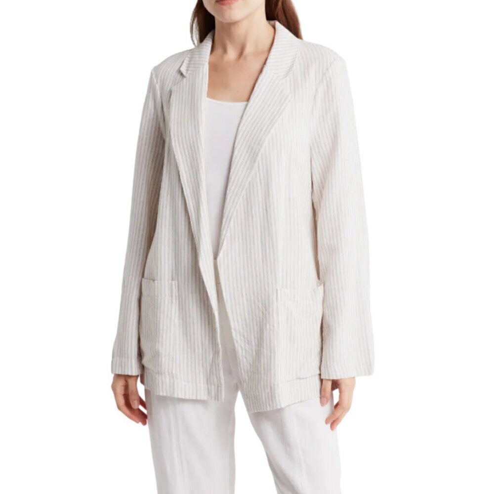 Caslon Blazer Womens SZ Small Tan & White Striped Open Front Linen Blend Coastal - Picture 3 of 16
